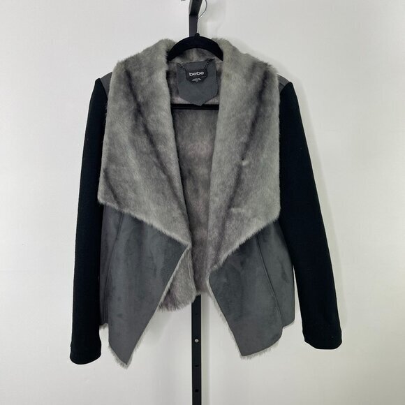 Bebe Women's Grey Faux Suede Fur Oversize Pockets Collar Med Lined Jacket Size M - Picture 1 of 9